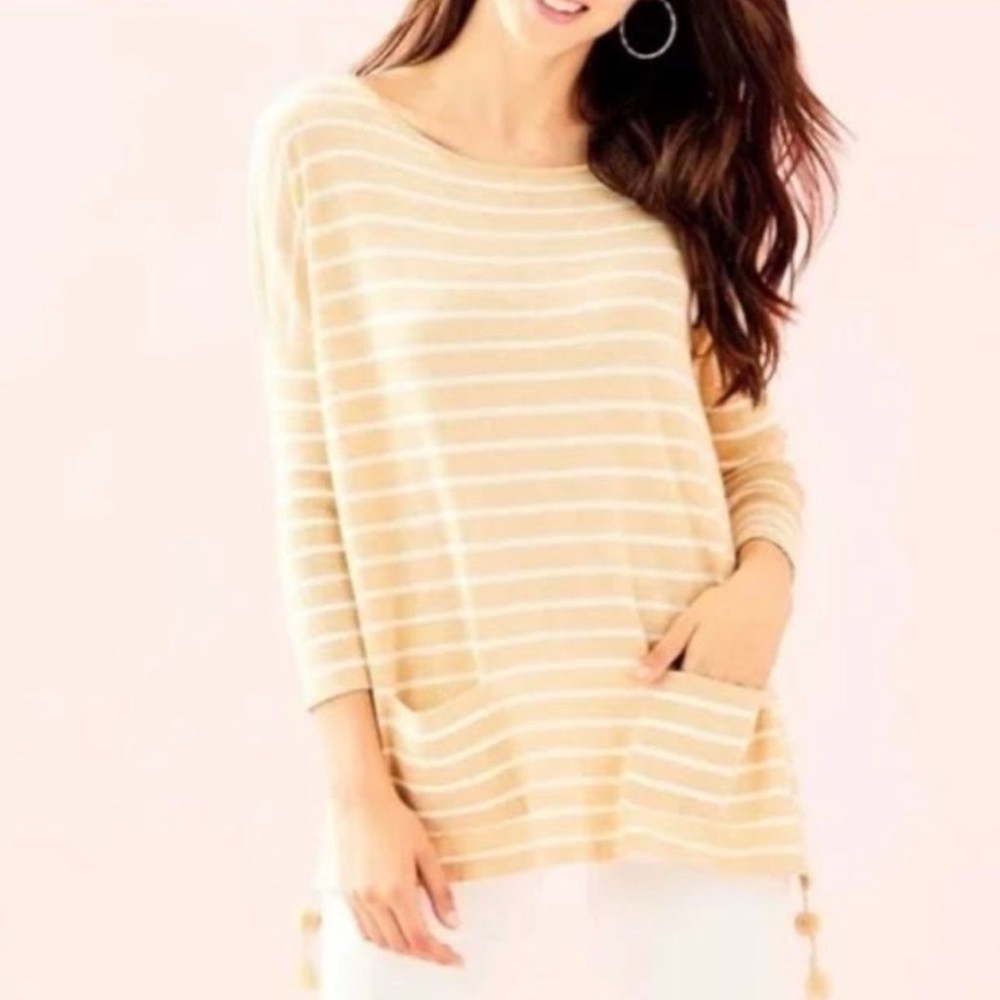 Lilly Pulitzer Elba Tan and White Striped Sweater Top Size Large